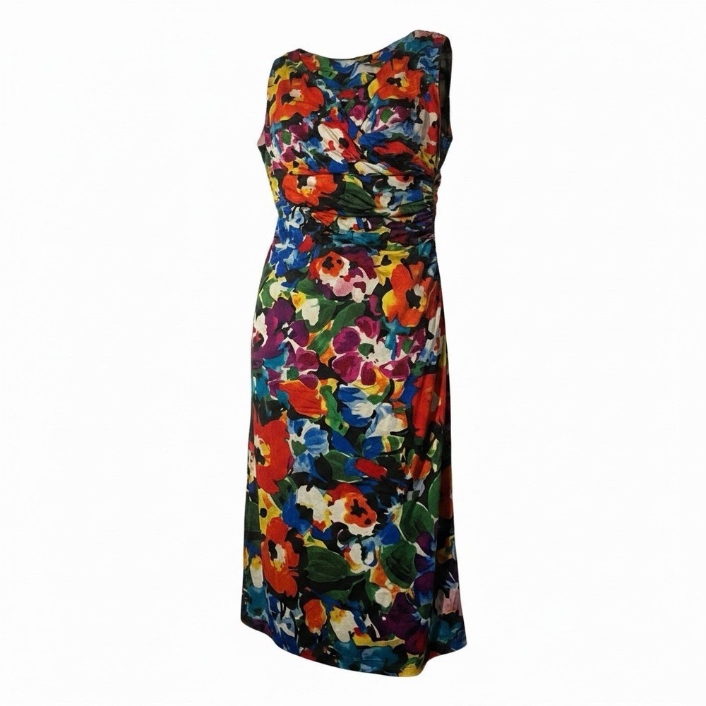Ralph Lauren Dress  V-Neck Ruched Wrap SZ 4 stretch Floral  Career Vangogh Artsy